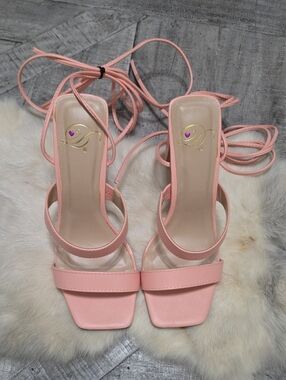 Pink Strappy Square-Toe Lace-Up Heels